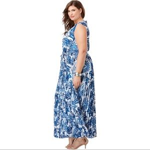 Blue and White Pleated Maxi Dress
